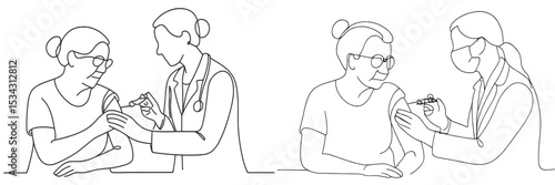 Health care workers administering vaccinations to patients in a clinical setting during daytime hours