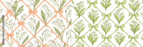 Floral vector flat illustration featuring delicate lily of the valley patterns with ribbons across a soft background
