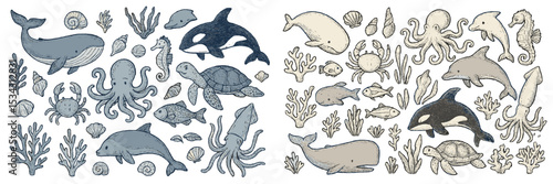 Diverse marine life including whales, dolphins, turtles, and octopuses in a colorful underwater illustration