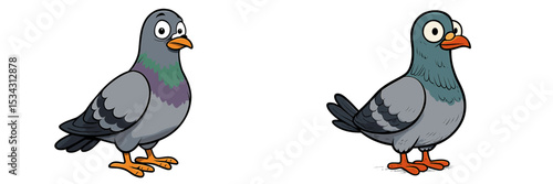 Two cartoon pigeons standing side by side with distinct facial expressions in a vibrant vector illustration