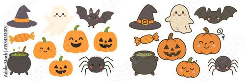 Fun and spooky Halloween vector illustration featuring ghosts, pumpkins, bats, and candy in a playful style