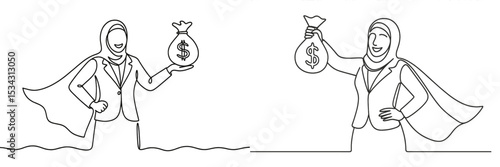 Empowering women in business illustrated through heroic characters holding money bags