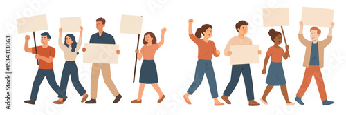 Colorful vector flat illustration of a diverse group of people participating in a lively demonstration holding blank signs