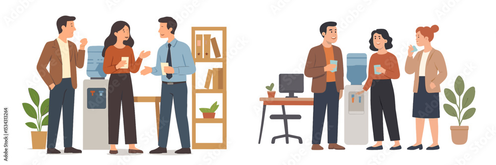 Fototapeta premium Group of colleagues engaging in casual conversations by the water cooler in a modern office environment during a workday