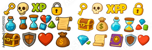 Colorful game icons representing various treasures, items, and collectibles found in adventure and role-playing games