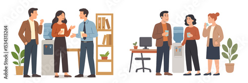 Group of colleagues engaging in casual conversations by the water cooler in a modern office environment during a workday
