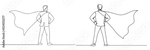 Man stands confidently as a superhero with a cape flowing in the wind at sunset
