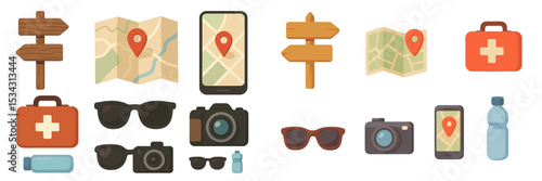 Travel essentials for outdoor adventures including maps, cameras, and health kits