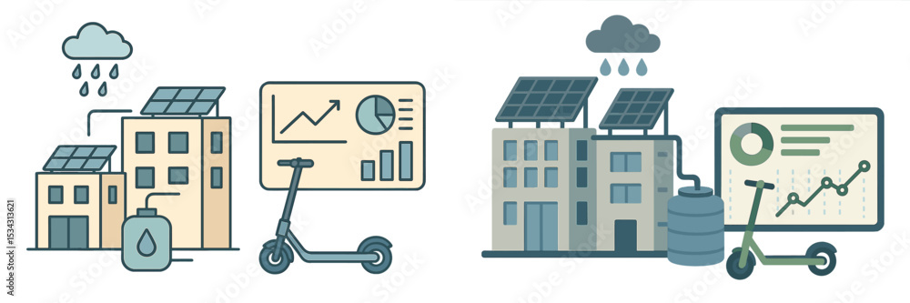 Obraz premium Eco-friendly city with solar panels, electric scooters, and water conservation in a modern urban setting