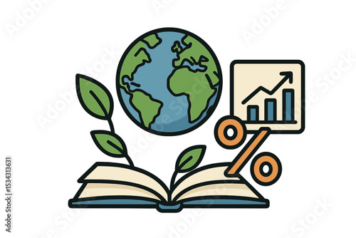 Vector flat illustration of a growing plant, open book, and globe representing global learning and growth in education