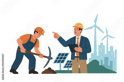 Construction workers collaborating on renewable energy project at a wind and solar farm under a clear daytime sky