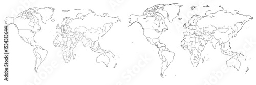 Detailed outline of a world map displaying continents, countries, and major geographical features for educational purposes