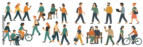 Diverse people engaged in various activities in a vibrant urban environment during daytime