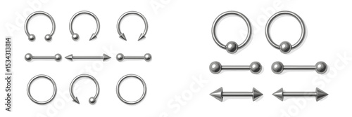 Vector flat illustration of various metallic jewelry designs featuring rings and bars with different shapes and styles for accessorizing