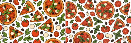 Colorful pizza pattern featuring slices, tomatoes, olives, and fresh basil on a white background displaying vibrant ingredients