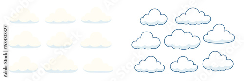 Varied cloud shapes in flat vector illustration representing different weather conditions and artistic styles