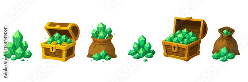 Vector flat illustration of treasure chests and bags filled with green crystals and gemstones on a clean background