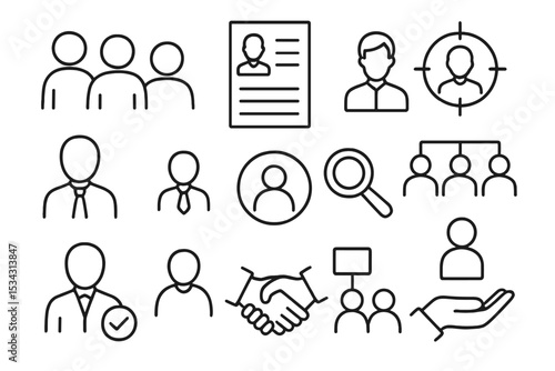 Flat vector illustration depicting various aspects of recruitment and job searching in a professional setting