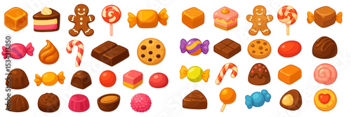 Variety of delicious confections in a colorful vector flat illustration showcasing candies and desserts for sweet lovers