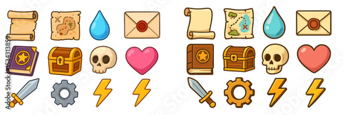 Explore treasure maps and adventure symbols in a colorful vector flat illustration showcasing various fantasy elements