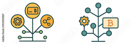 Vector flat illustration of cryptocurrency concepts with gears and a blockchain tree design showcasing financial connections