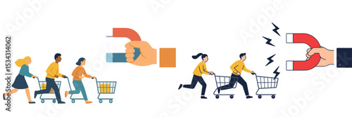 People shopping in a market while a magnet pulls a shopping cart in a playful illustration of consumer behavior