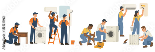 Team of workers performing various home improvement tasks in a home setting during daylight hours