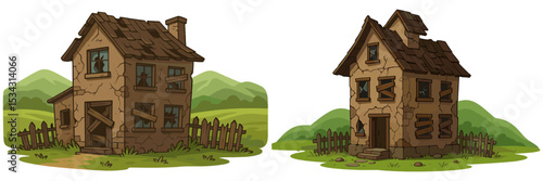 Run-down houses in a rural landscape surrounded by hills and a wooden fence showcasing abandoned architecture