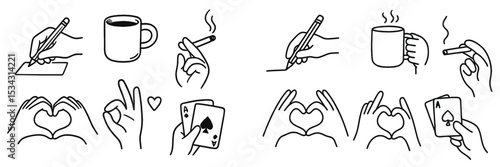 Hands engaged in various activities including writing, drinking, smoking, and expressing love through gestures in vector flat illustration