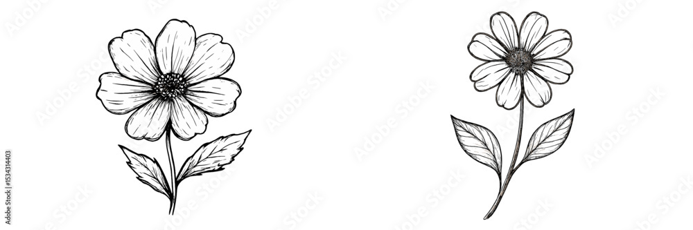 Fototapeta premium Hand-drawn vector flat illustration of two distinct flowers with detailed petals and leaves on a plain background