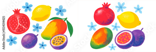 Vibrant vector flat illustration of tropical fruits with flowers in a colorful layout showcasing pomegranate, mango, passion fruit, and lemons