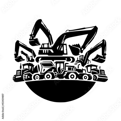 A group of various heavy construction vehicles, including excavators and loaders, suggesting a fleet or equipment yard