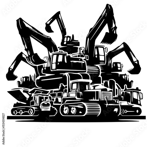 A complex arrangement of different heavy machinery parts, possibly representing a construction site or an equipment showroom
