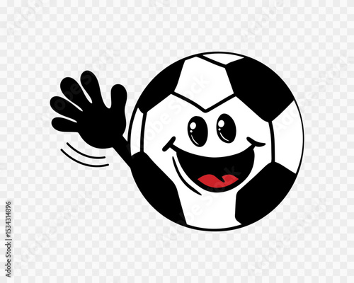Funny smiling cartoon football with expressive eyes and waving hand making a cheerful gesture during a soccer celebration. Vector illustration.