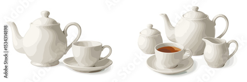 Elegant white tea set with teapot, cups, and cream jug arranged artistically on a clean background