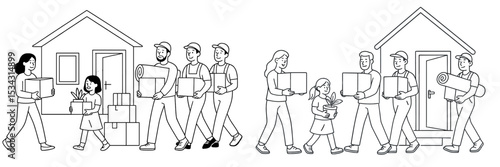 People carrying boxes and items while moving into new homes in a residential neighborhood illustration