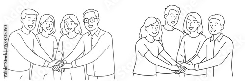 Group of friends celebrating teamwork and unity with hands stacked together in a flat vector illustration