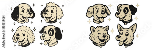 Cute dog illustrations showcase a variety of breeds with playful expressions and cheerful designs in a whimsical style