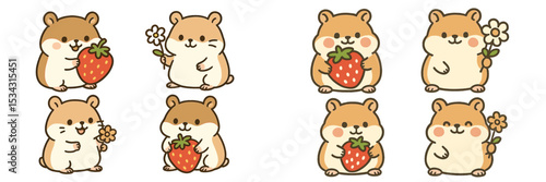 Cute hamsters enjoying strawberries and flowers in a vibrant vector flat illustration for a cheerful atmosphere
