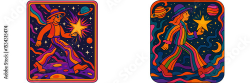Colorful quest through a cosmic landscape with stars and planetary elements at night