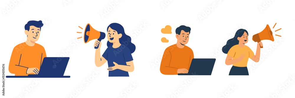 Fototapeta premium Engaging in communication with a laptop and megaphones in a bright and modern office setting