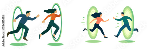 Dynamic characters running through portals in a vibrant vector illustration set in a surreal environment