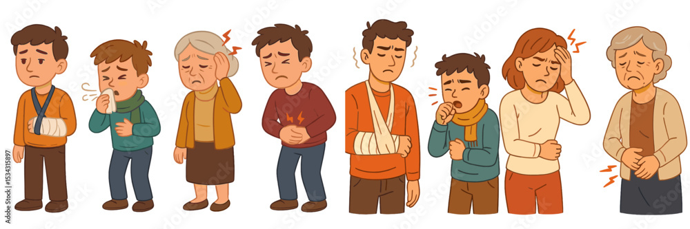 People displaying various physical discomforts and injuries in a flat vector illustration style People displaying various physical discomforts and injuries in a flat vector illustration style