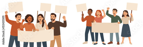 Demonstrators engaging in peaceful protest with blank signs in a flat vector illustration