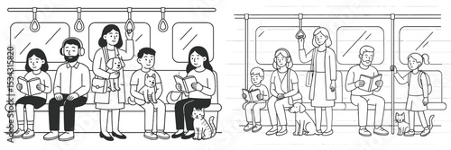 People riding on a subway train with pets engaged in reading and enjoying their commute during a busy day
