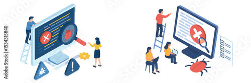 Vector illustration of software developers debugging and collaborating on a computer system in a modern office environment