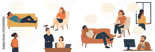 Dialogue and reflection in a therapy session showcasing diverse individuals engaging in various emotional expressions