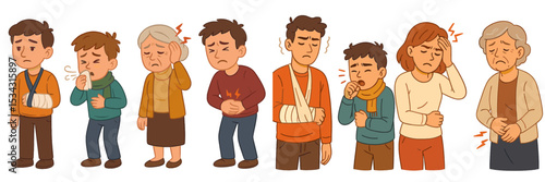 People displaying various physical discomforts and injuries in a flat vector illustration style