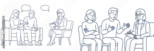 Couples therapy session illustrating communication and support in a professional setting with a therapist