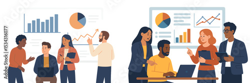 Diverse team collaborating on business analytics in a modern office setting during a daytime meeting